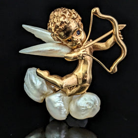 The Emporia - by William Ruser A Cupid 14k Gold Mississippi Freshwater Pearl Sapphire Brooch Retro