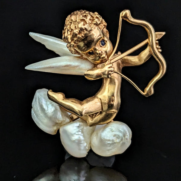 The Emporia - by William Ruser A Cupid 14k Gold Mississippi Freshwater Pearl Sapphire Brooch Retro