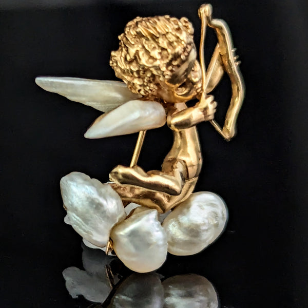 The Emporia - by William Ruser A Cupid 14k Gold Mississippi Freshwater Pearl Sapphire Brooch Retro