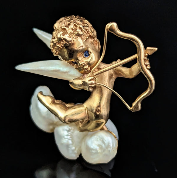 The Emporia - by William Ruser A Cupid 14k Gold Mississippi Freshwater Pearl Sapphire Brooch Retro