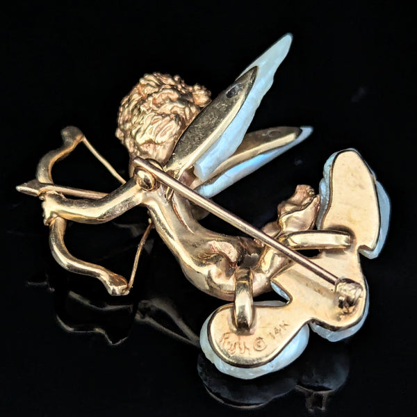 The Emporia - by William Ruser A Cupid 14k Gold Mississippi Freshwater Pearl Sapphire Brooch Retro