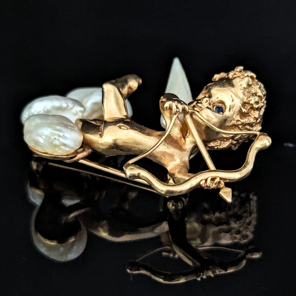 The Emporia - by William Ruser A Cupid 14k Gold Mississippi Freshwater Pearl Sapphire Brooch Retro