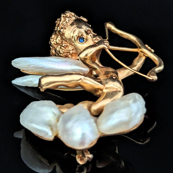 The Emporia - by William Ruser A Cupid 14k Gold Mississippi Freshwater Pearl Sapphire Brooch Retro