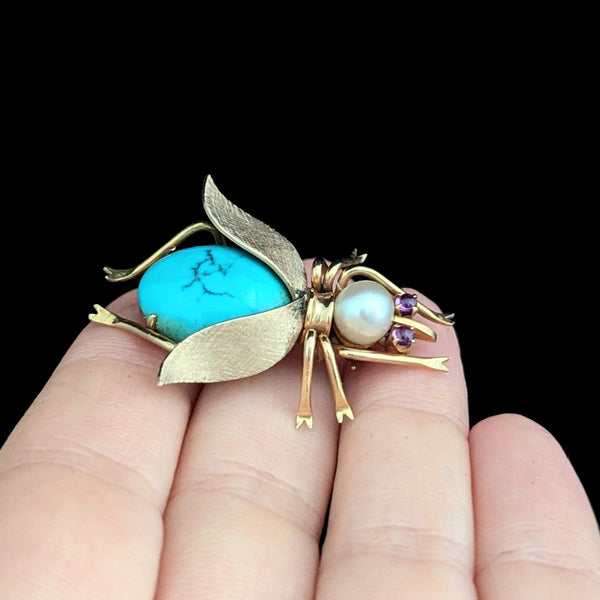 Retro Fly 14k Yellow Gold Turquoise Pearl Pink Sapphire Brooch Pin Bug Vintage