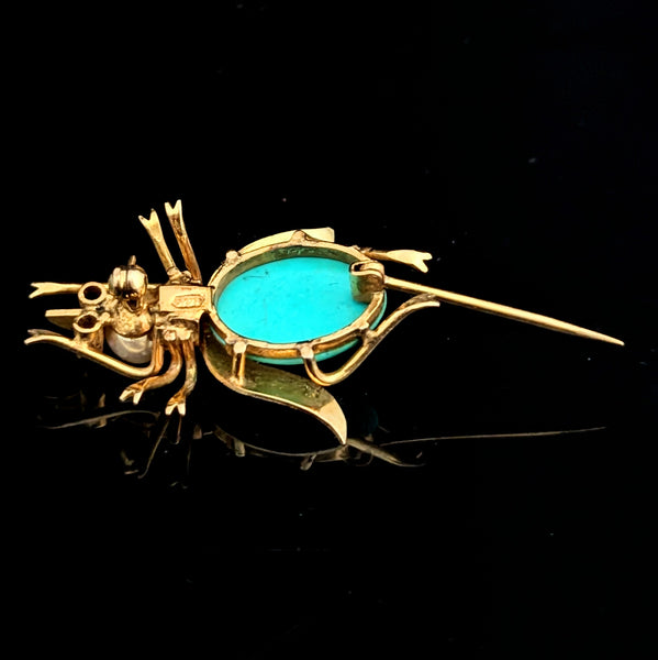 Retro Fly 14k Yellow Gold Turquoise Pearl Pink Sapphire Brooch Pin Bug Vintage