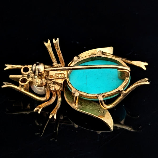 Retro Fly 14k Yellow Gold Turquoise Pearl Pink Sapphire Brooch Pin Bug Vintage
