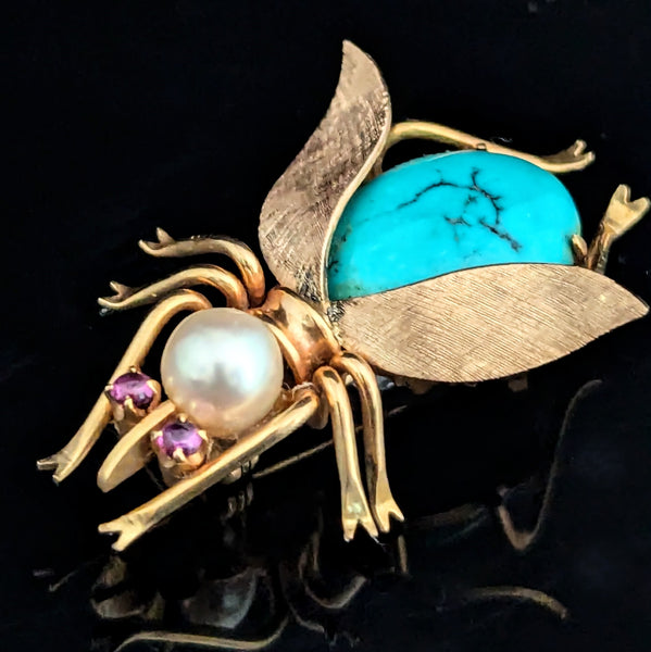 Retro Fly 14k Yellow Gold Turquoise Pearl Pink Sapphire Brooch Pin Bug Vintage
