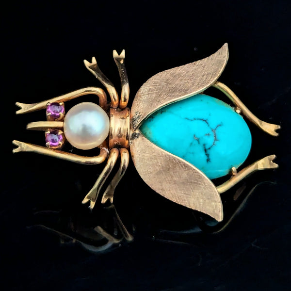 Retro Fly 14k Yellow Gold Turquoise Pearl Pink Sapphire Brooch Pin Bug Vintage