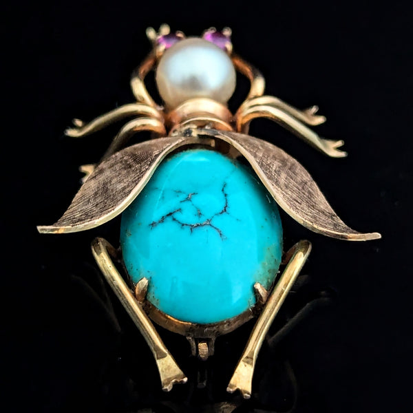 Retro Fly 14k Yellow Gold Turquoise Pearl Pink Sapphire Brooch Pin Bug Vintage