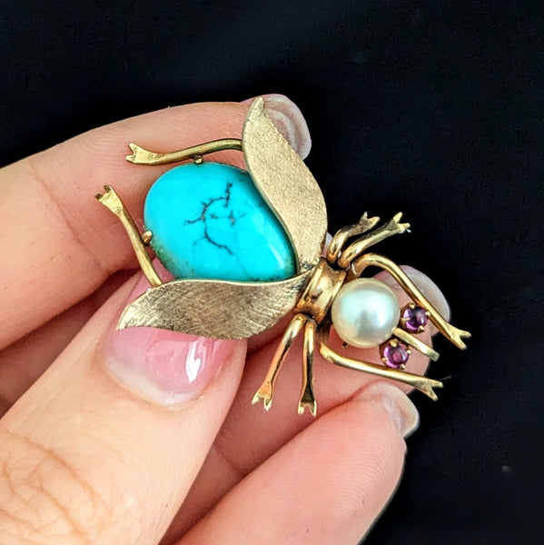 Retro Fly 14k Yellow Gold Turquoise Pearl Pink Sapphire Brooch Pin Bug Vintage