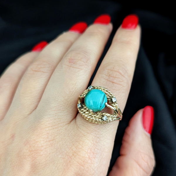 Retro Era Malachite Diamond 14k Yellow Gold Ring Cocktail Rope Dome Vintage