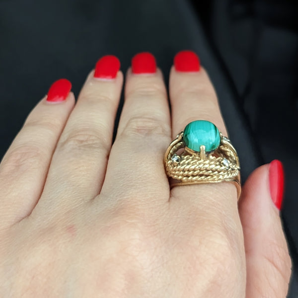 Retro Era Malachite Diamond 14k Yellow Gold Ring Cocktail Rope Dome Vintage