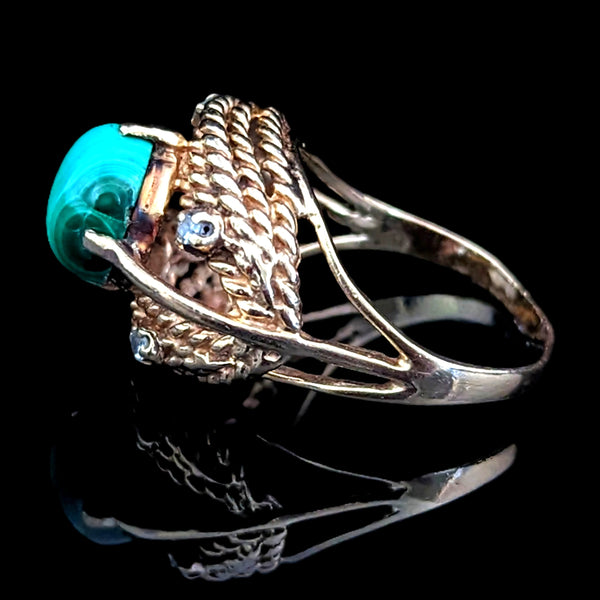 Retro Era Malachite Diamond 14k Yellow Gold Ring Cocktail Rope Dome Vintage