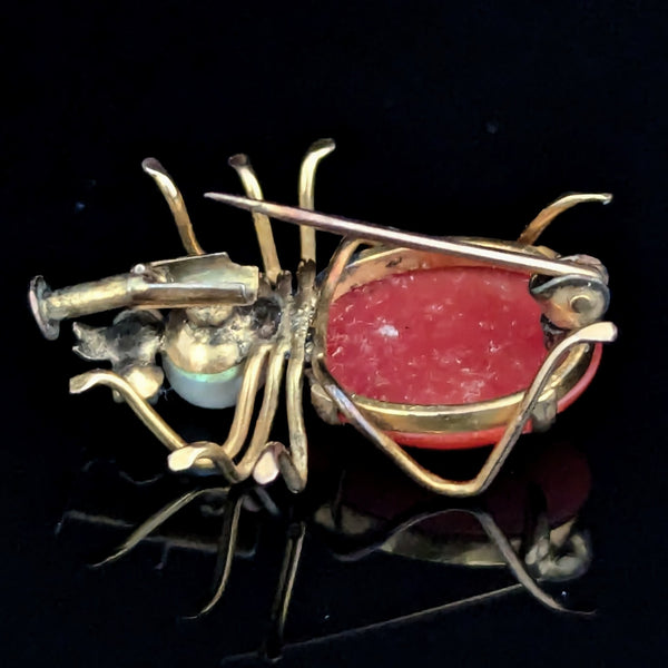 Retro Era Spider Brooch Coral Pearl Gem 10k Yellow Gold Vintage Mid Century Pin