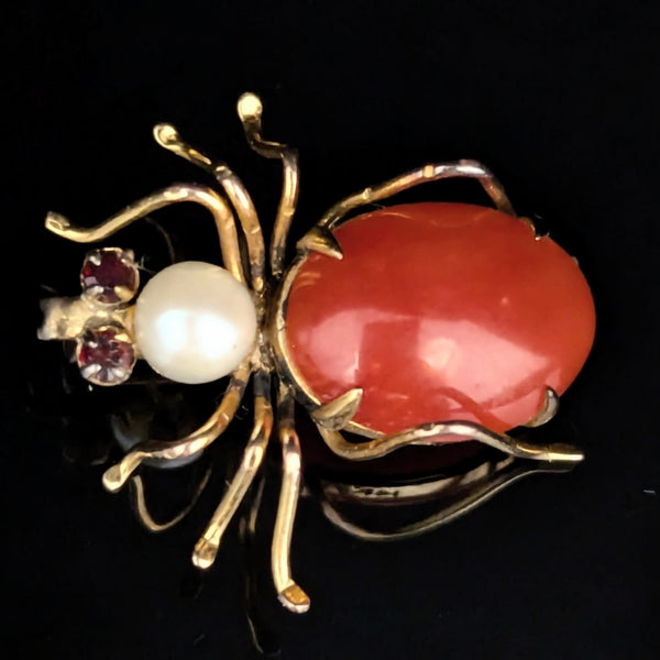 Retro Era Spider Brooch Coral Pearl Gem 10k Yellow Gold Vintage Mid Century Pin