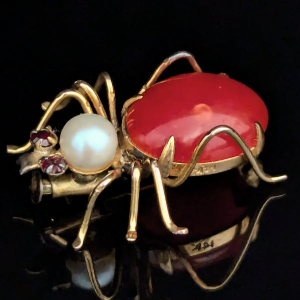 Retro Era Spider Brooch Coral Pearl Gem 10k Yellow Gold Vintage Mid Century Pin