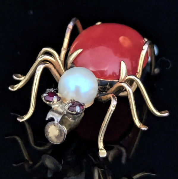 Retro Era Spider Brooch Coral Pearl Gem 10k Yellow Gold Vintage Mid Century Pin