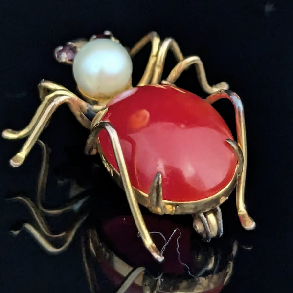 Retro Era Spider Brooch Coral Pearl Gem 10k Yellow Gold Vintage Mid Century Pin