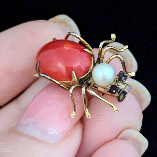 Retro Era Spider Brooch Coral Pearl Gem 10k Yellow Gold Vintage Mid Century Pin