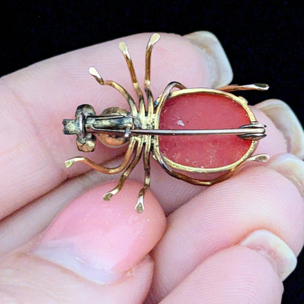 Retro Era Spider Brooch Coral Pearl Gem 10k Yellow Gold Vintage Mid Century Pin