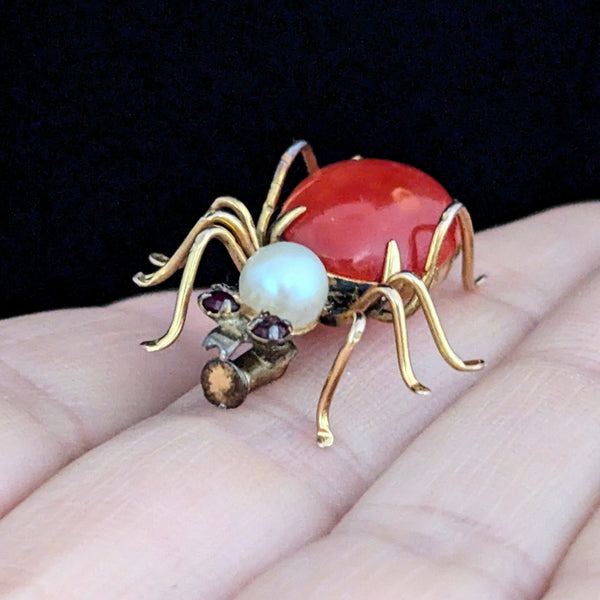 Retro Era Spider Brooch Coral Pearl Gem 10k Yellow Gold Vintage Mid Century Pin