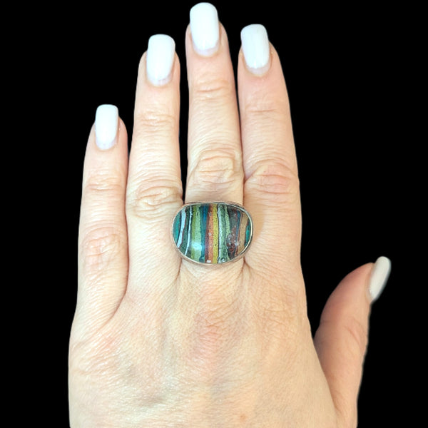 STEPHEN DWECK Rainbow Calsilica 925 Sterling Silver Cocktail Ring Vintage Rare