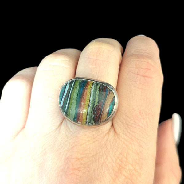 STEPHEN DWECK Rainbow Calsilica 925 Sterling Silver Cocktail Ring Vintage Rare