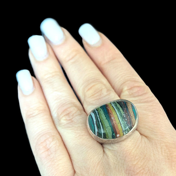 STEPHEN DWECK Rainbow Calsilica 925 Sterling Silver Cocktail Ring Vintage Rare