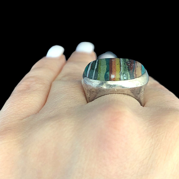 STEPHEN DWECK Rainbow Calsilica 925 Sterling Silver Cocktail Ring Vintage Rare