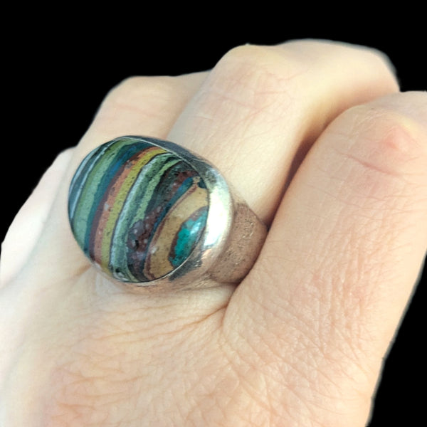 STEPHEN DWECK Rainbow Calsilica 925 Sterling Silver Cocktail Ring Vintage Rare