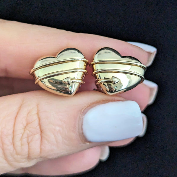 Tiffany & Co 1994 18k Yellow Gold Cupid Heart Arrow Earrings Vintage Estate Gift