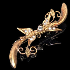 Antique 14k Yellow Gold Seed Pearls Paste Swallow Bird Brooch Pin Estate Jewelry