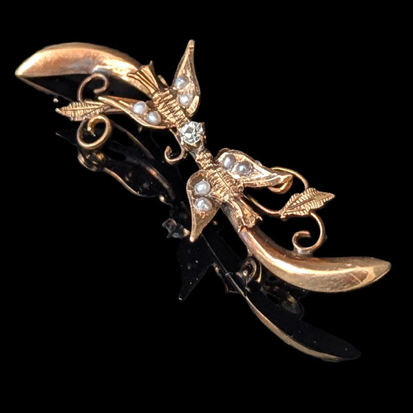 Antique 14k Yellow Gold Seed Pearls Paste Swallow Bird Brooch Pin Estate Jewelry