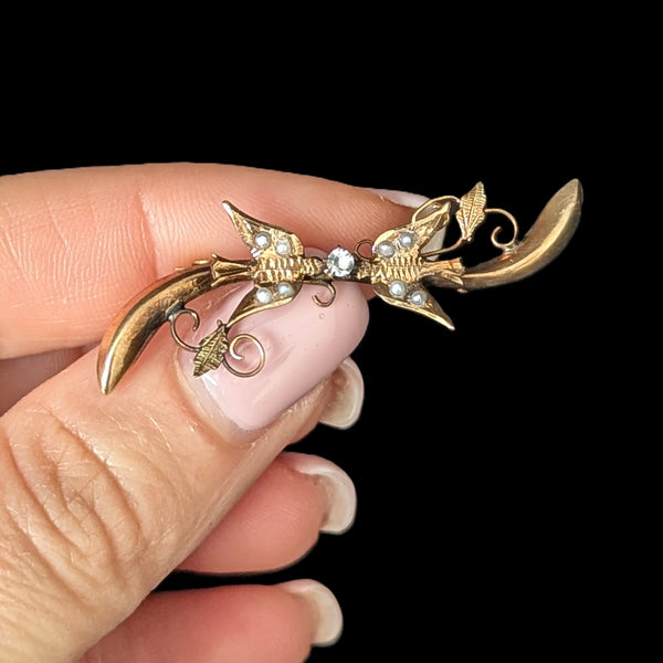 Antique 14k Yellow Gold Seed Pearls Paste Swallow Bird Brooch Pin Estate Jewelry