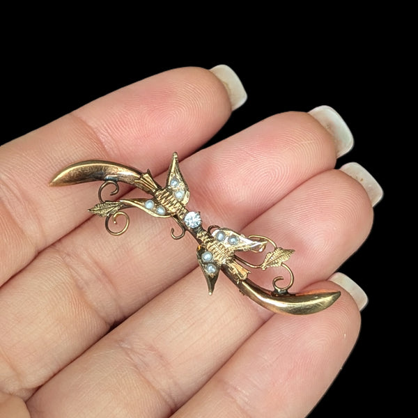 Antique 14k Yellow Gold Seed Pearls Paste Swallow Bird Brooch Pin Estate Jewelry