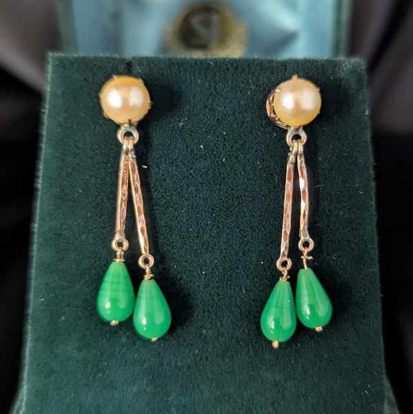 Vintage 10k Yellow Gold Pearls Green Briolette Earrings Retro Estate Screw Posts