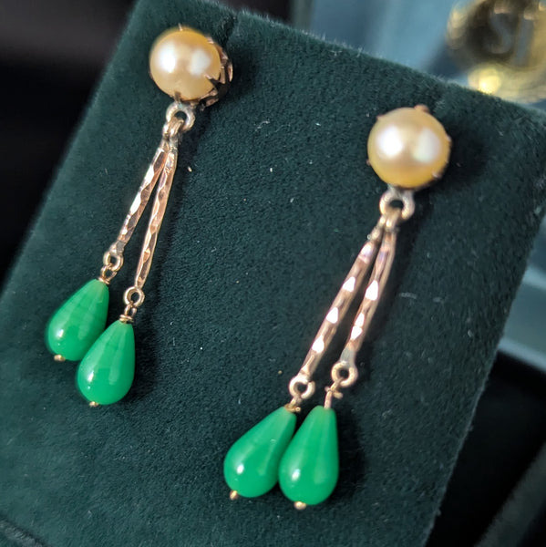 Vintage 10k Yellow Gold Pearls Green Briolette Earrings Retro Estate Screw Posts