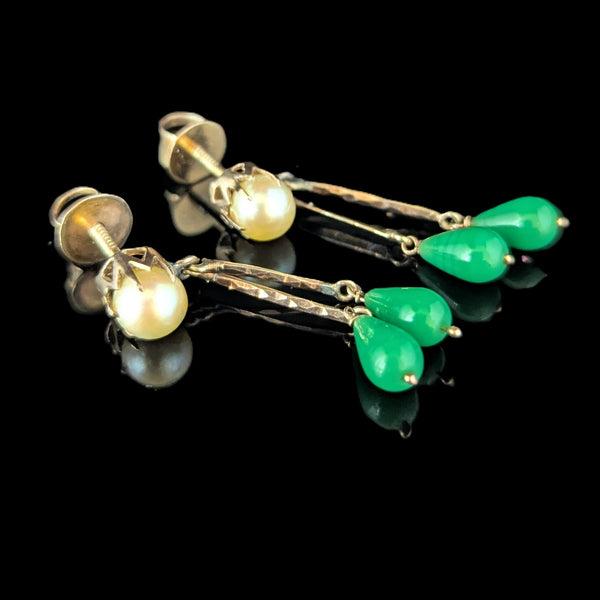 Vintage 10k Yellow Gold Pearls Green Briolette Earrings Retro Estate Screw Posts