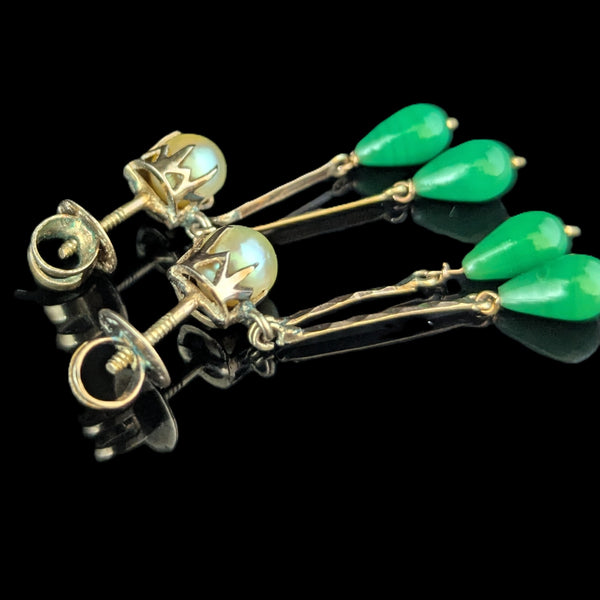 Vintage 10k Yellow Gold Pearls Green Briolette Earrings Retro Estate Screw Posts