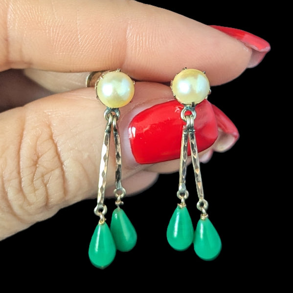 Vintage 10k Yellow Gold Pearls Green Briolette Earrings Retro Estate Screw Posts