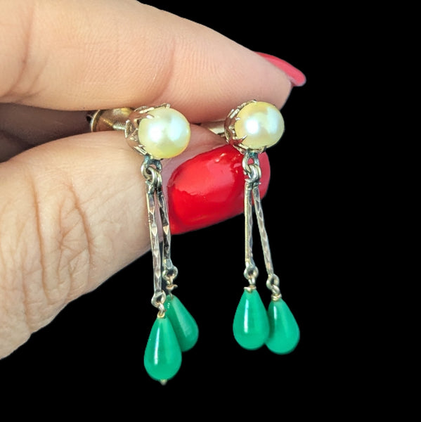 Vintage 10k Yellow Gold Pearls Green Briolette Earrings Retro Estate Screw Posts