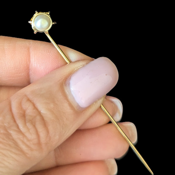 Vintage 10k Yellow Gold Stick Pin Pearl Lapel Estate Jewelry Retro Gift