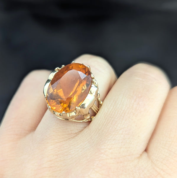 Elephant Motif Cocktail Ring 12 Carat Orange Citrine Yellow Gold Estate Vintage