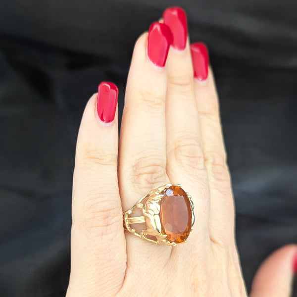 Elephant Motif Cocktail Ring 12 Carat Orange Citrine Yellow Gold Estate Vintage