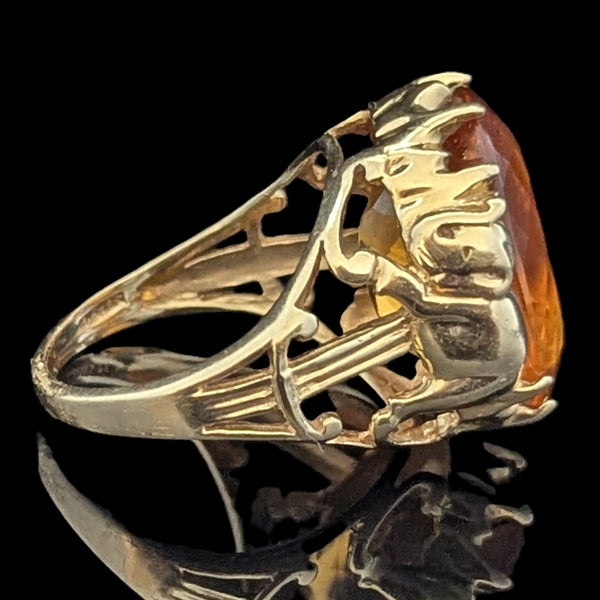 Elephant Motif Cocktail Ring 12 Carat Orange Citrine Yellow Gold Estate Vintage