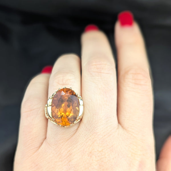 Elephant Motif Cocktail Ring 12 Carat Orange Citrine Yellow Gold Estate Vintage