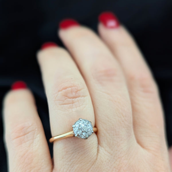 Vintage 14k Gold Ring Antique Old European Cut Diamonds Cluster Top Estate Gift