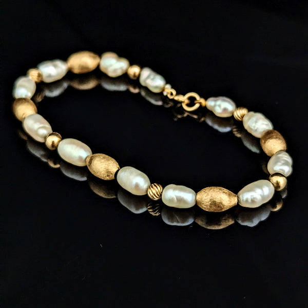 Vintage 14k Yellow Gold Beads & Baroque Pearls Beaded Bracelet Estate 7.75" Gift