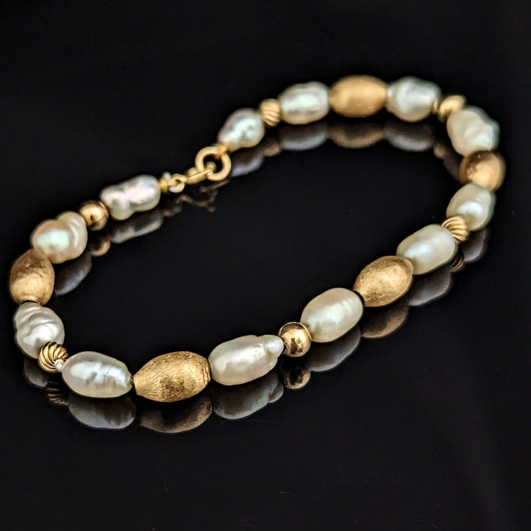 Vintage 14k Yellow Gold Beads & Baroque Pearls Beaded Bracelet Estate 7.75" Gift
