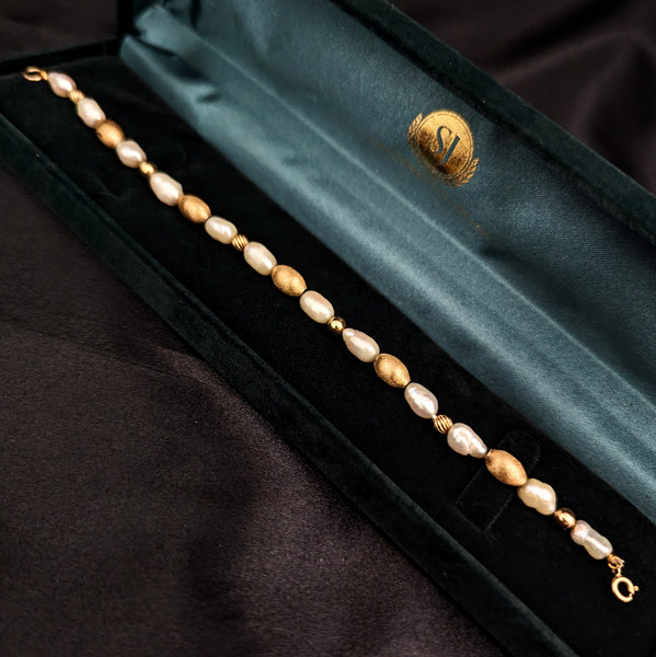 Vintage 14k Yellow Gold Beads & Baroque Pearls Beaded Bracelet Estate 7.75" Gift